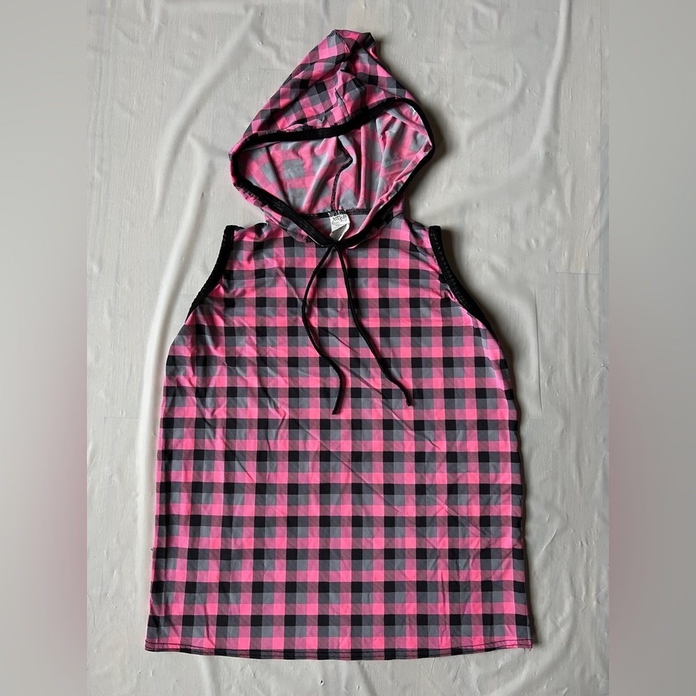 Awish Come True Plaid Hooded Tank Top Pink Black Gray Dancin Machine XL